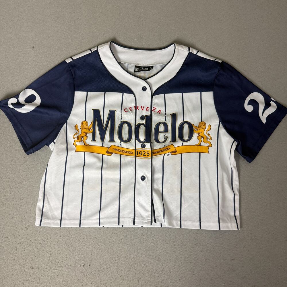 Modelo Cerveza Women’s L Cropped Baseball Jersey Pinstripe Beer Graphic
